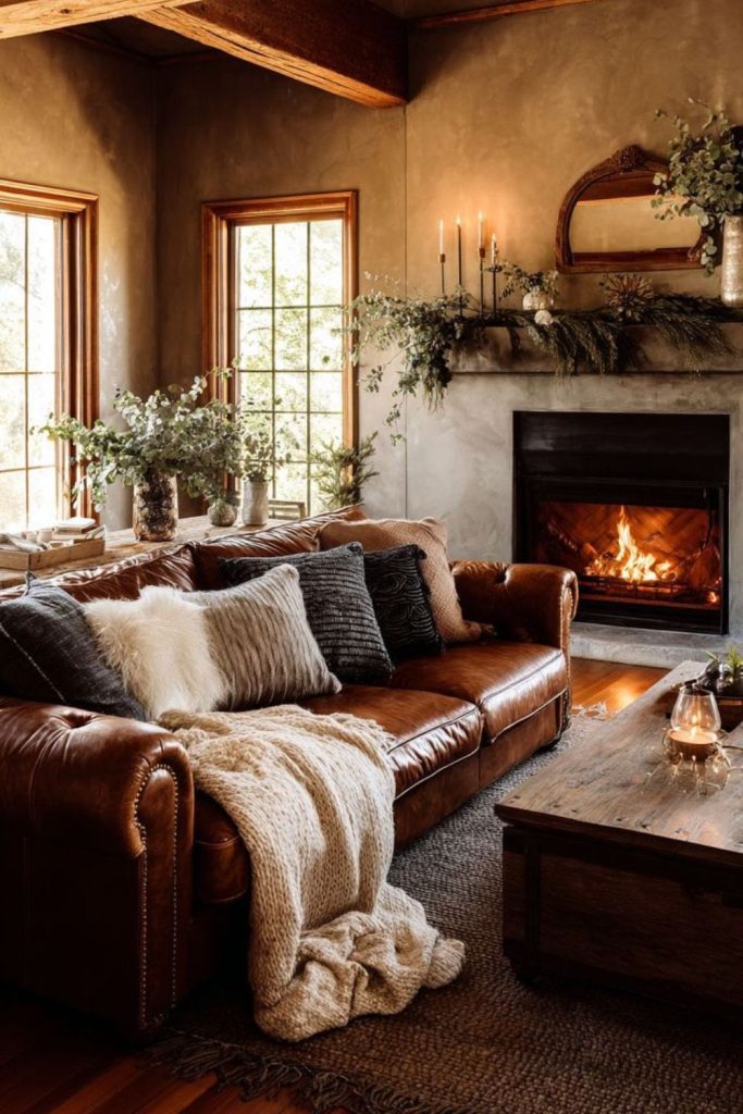Woodland-themed cozy brown leather area