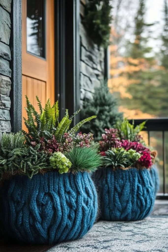 Wool-wrapped cozy winter porch planter