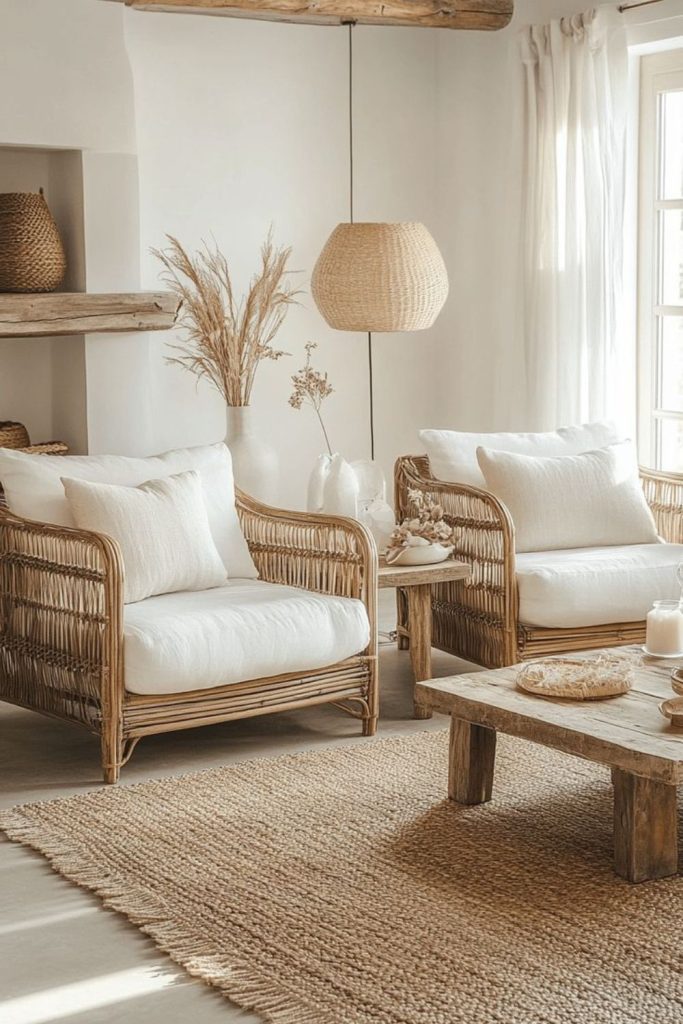 Handwoven rattan chair with linen cushions