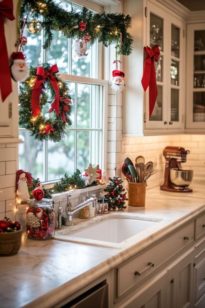 Red and green wreath kitchen window decor