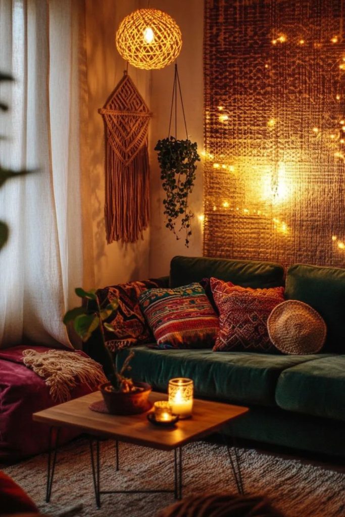 Amber hues cushions lanterns rugs small pots