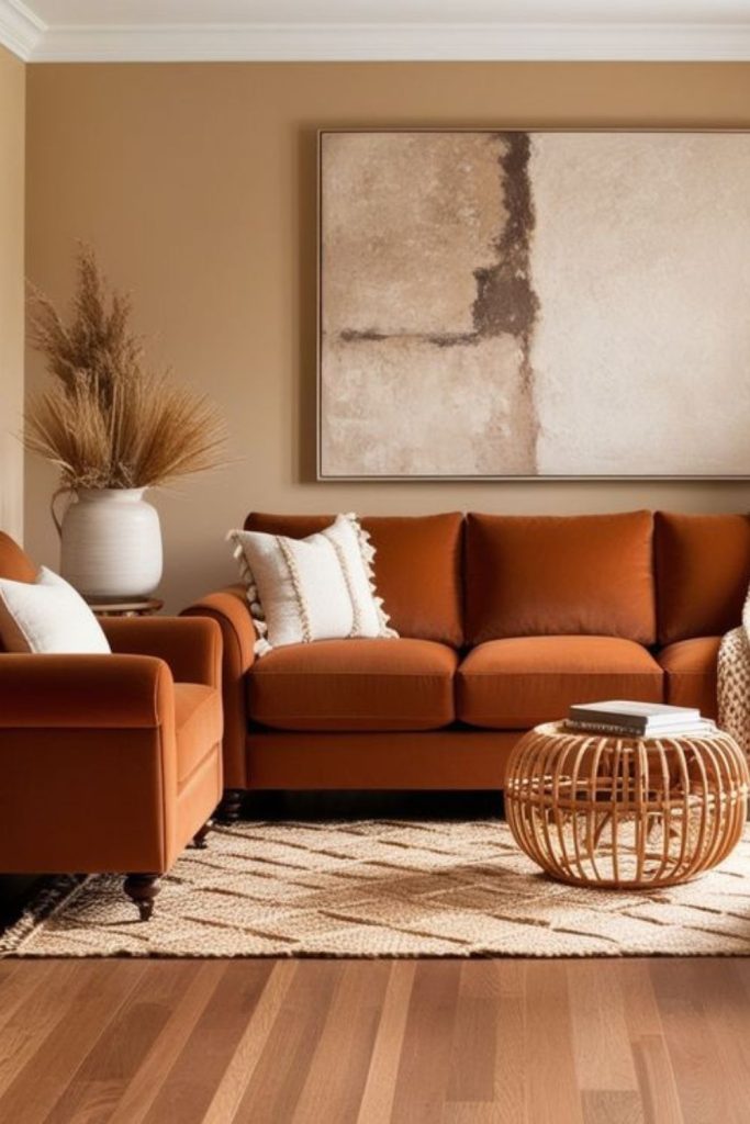 Sunlit amber lounge with scattered decor