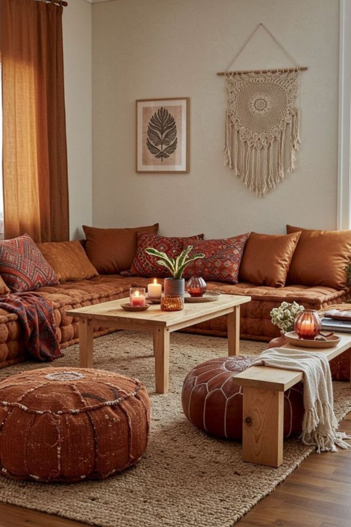 Amber light cushions lanterns rugs terracotta shelves