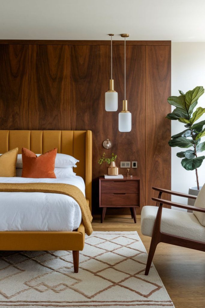 Amber toned mid century bedroom interior