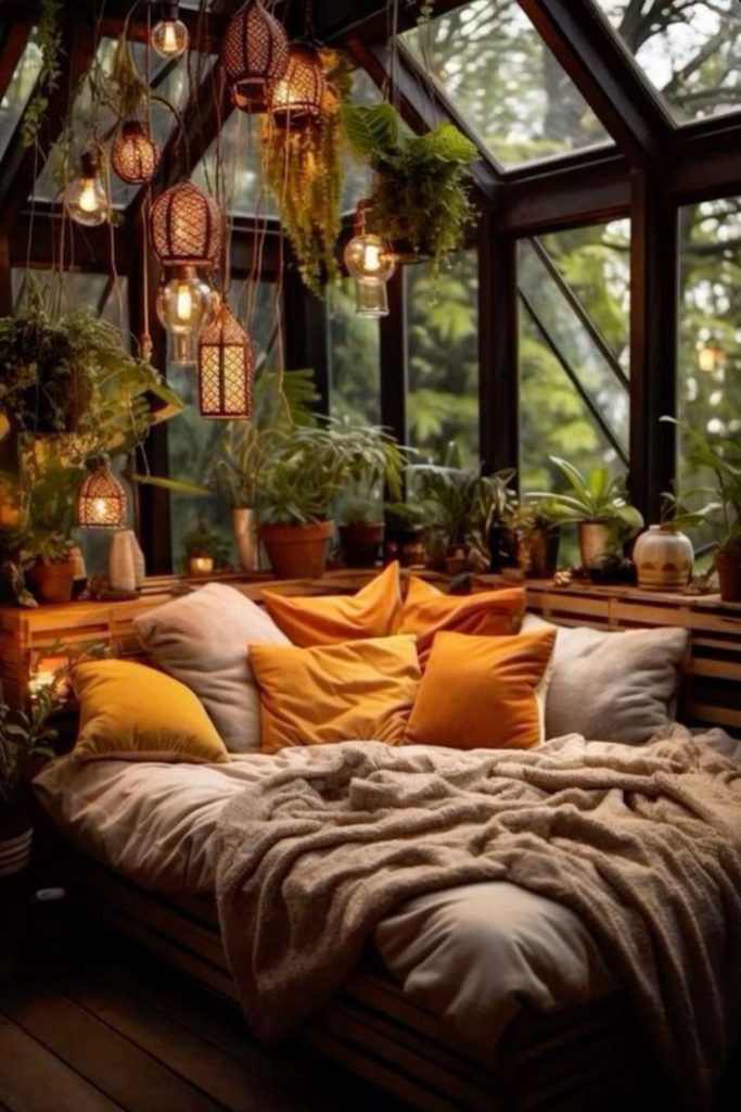 Amber glows cushions lanterns rugs pottery shelves