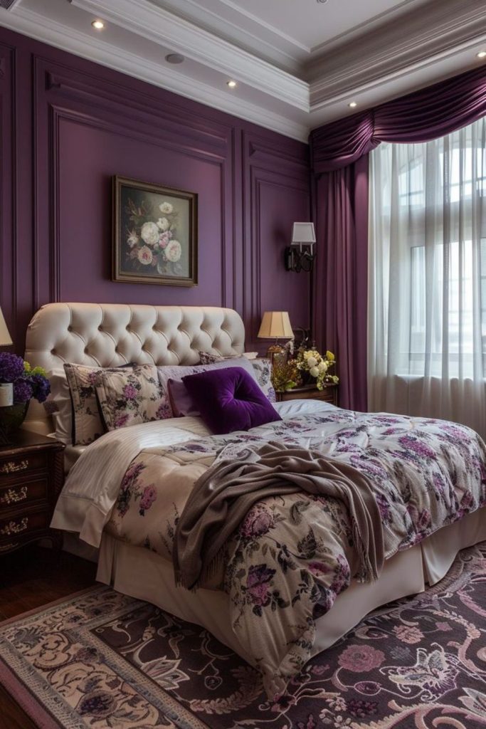 Violet and black cocooned bedroom