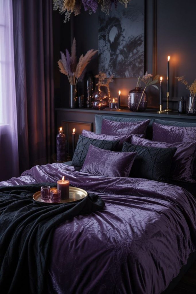 Deep violet bedroom with ambient candles