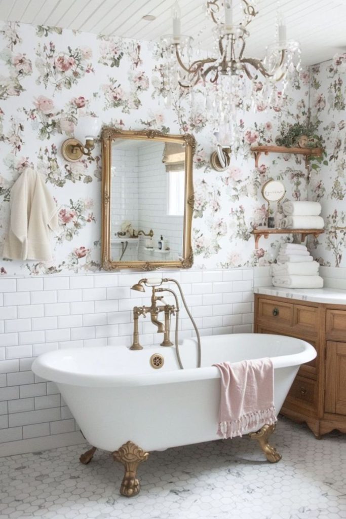 Vintage rose wallpaper bathroom with tub