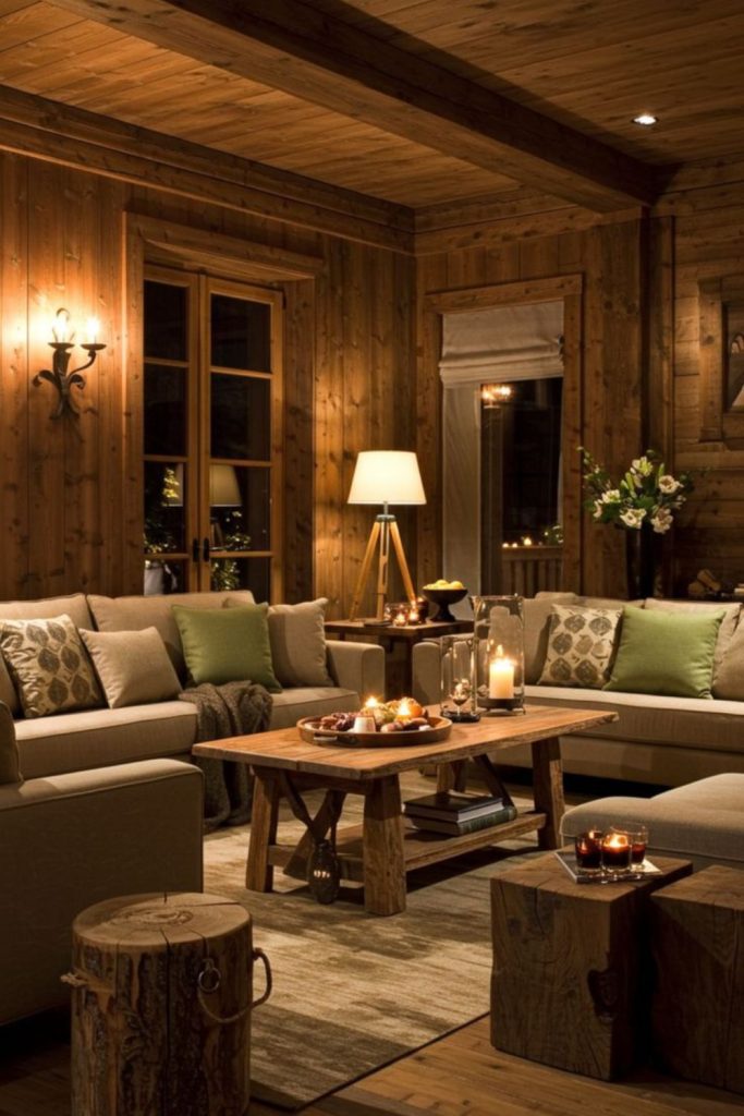 Antique timber walls cozy living.