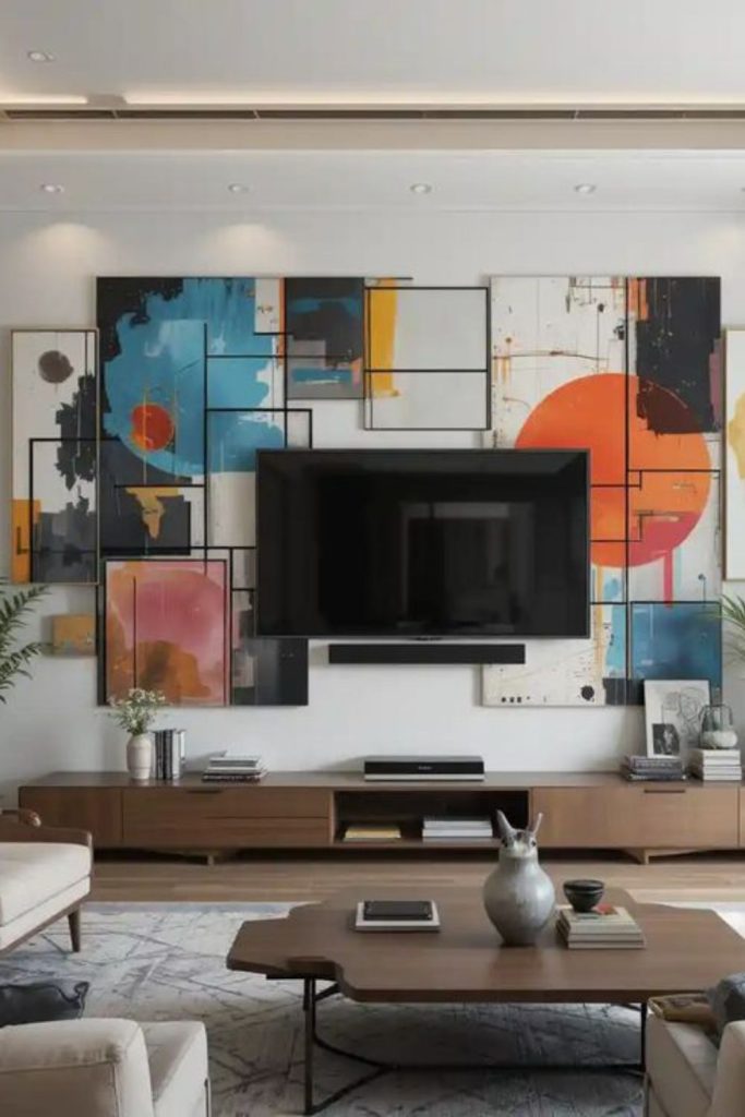 TV blends with abstract wall art.