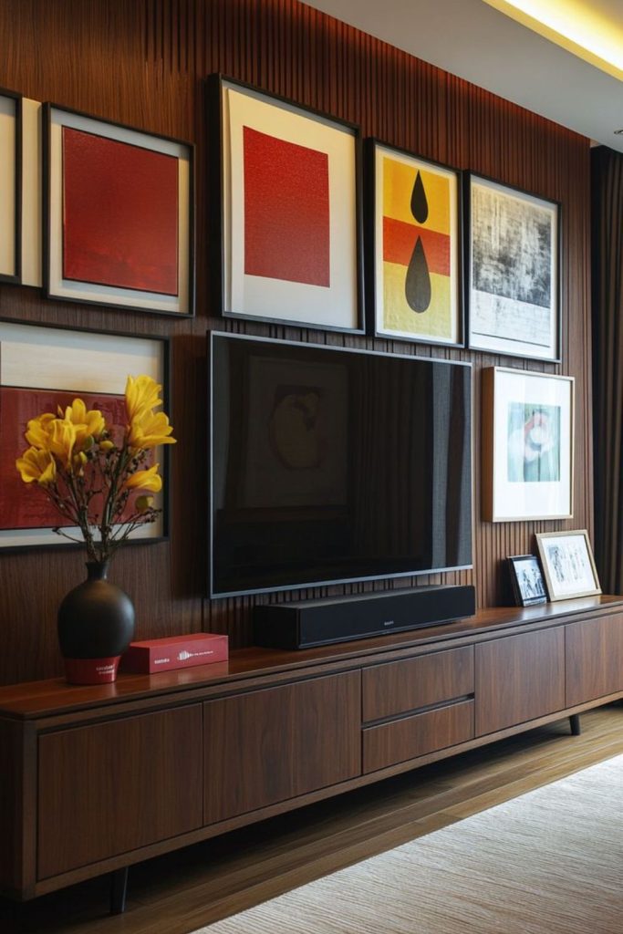 Floating frames surround TV abstract design.
