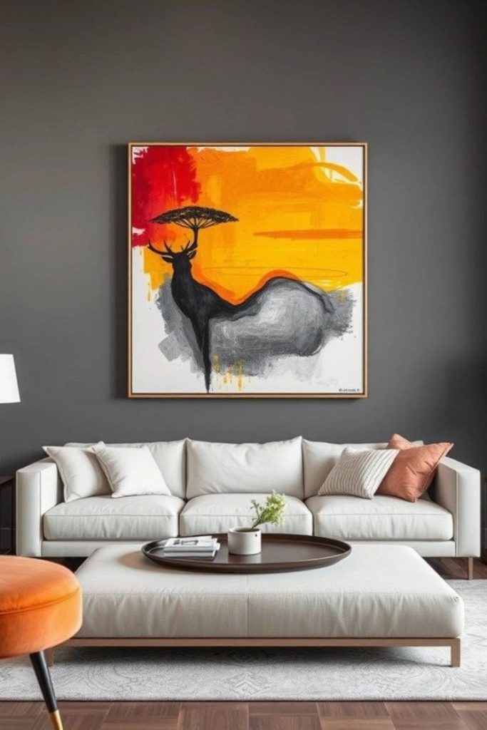 Bold abstract paintings with sculptural decor