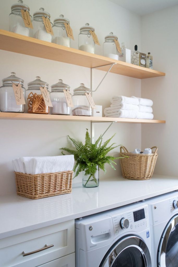 Patterned tiles floating shelves folded fabrics