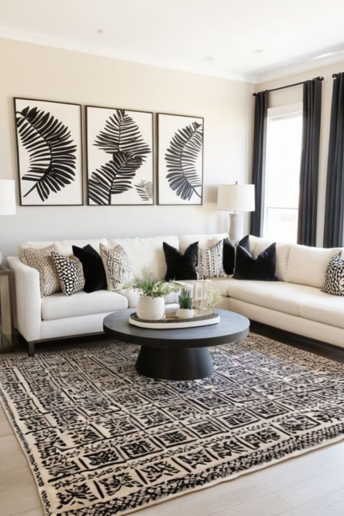 Ash beige comfort room black accents.