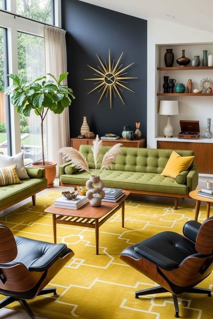 Atomic midcentury living room with neon