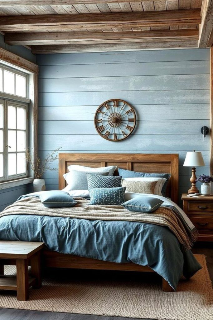 Soft cerulean rustic farmhouse bedroom