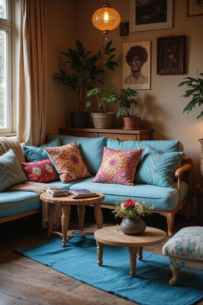 Azure panels low benches lanterns rugs jars