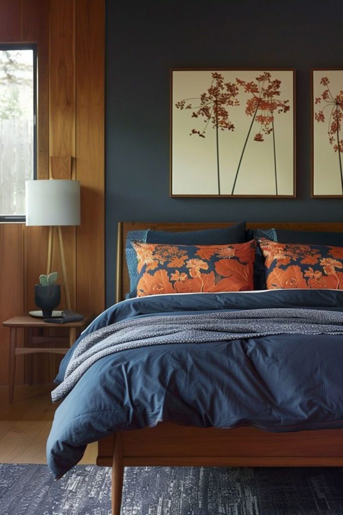 Blue accent mid century modern bedroom