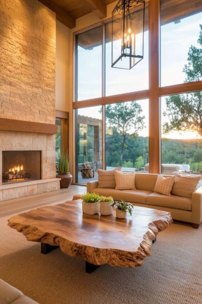 Barn-inspired living room warm ambiance.