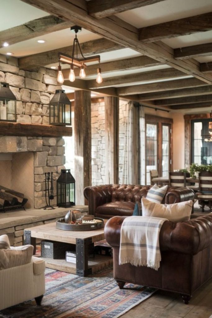 Barnwood accent living room with rugs