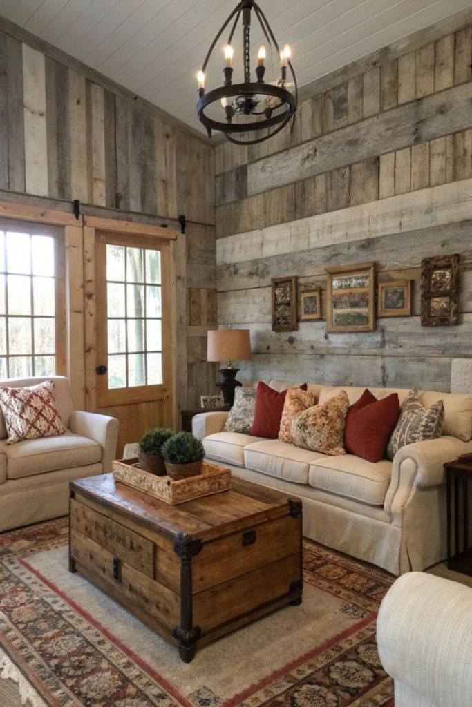 Barnwood walls and leather seating elegance.