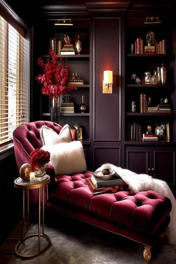 Burgundy library with dramatic book walls.