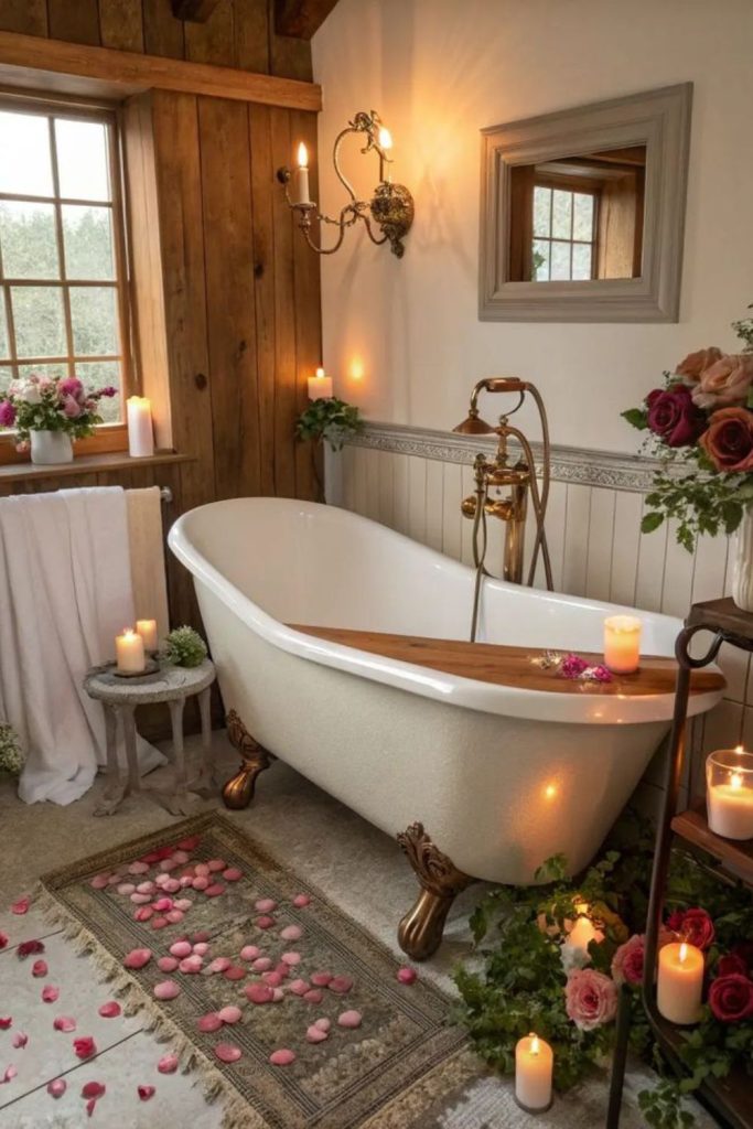 Earthy mushroom-themed cozy bathroom nook