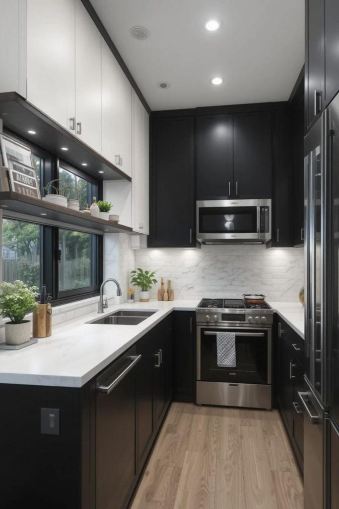 Dark trim defines small kitchen structure