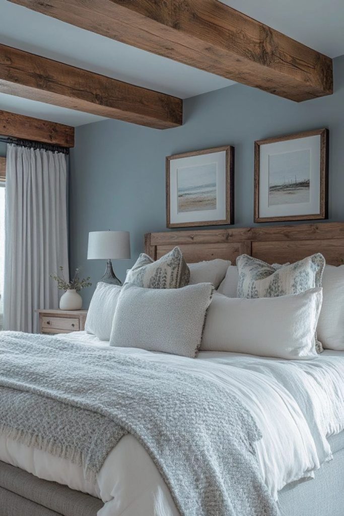 Muted sky-blue timber bedroom