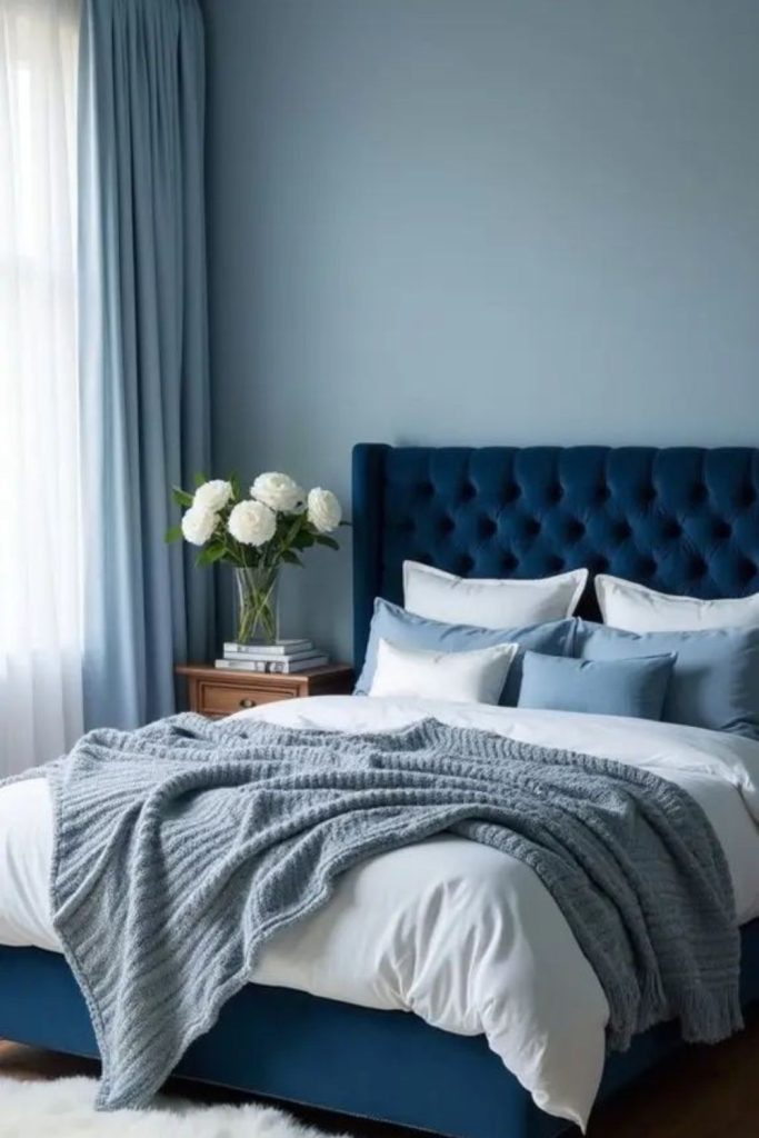 Deep blue cozy rustic bedroom