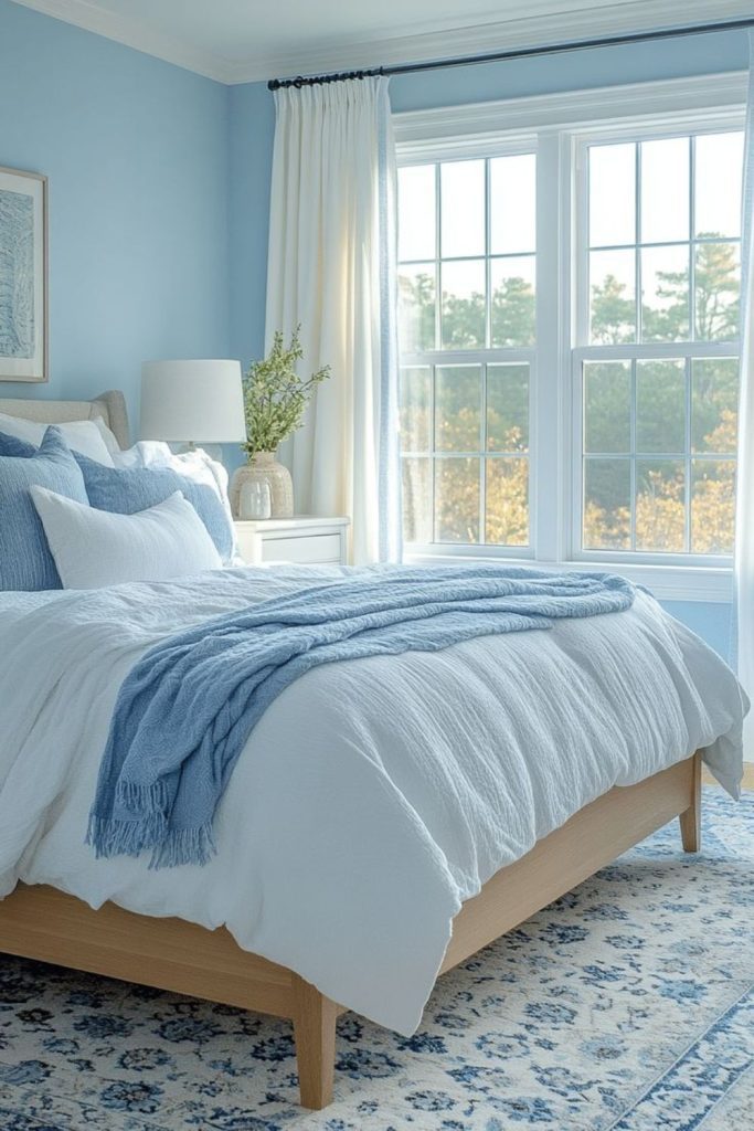 Soft bluebell rustic cottage bedroom
