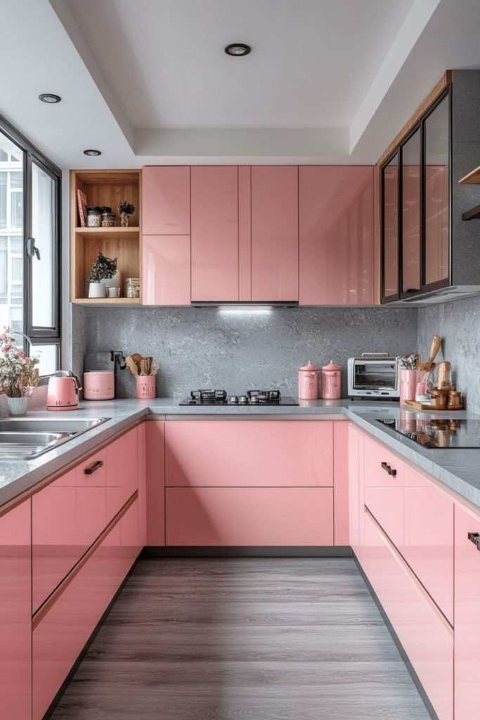 Dusky pink kitchen with metallic accents