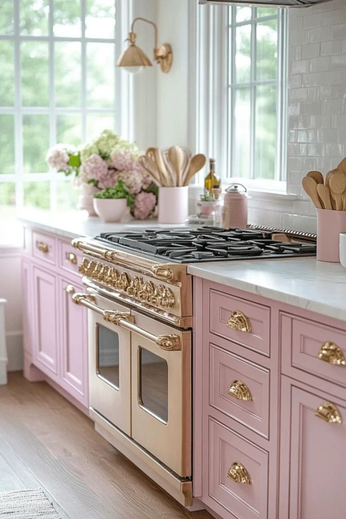 Elegant pink kitchen with brass accents