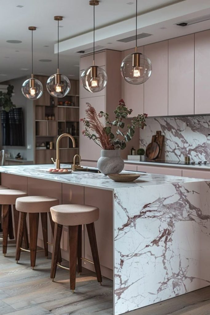 Soft pink marble kitchen with sunlight