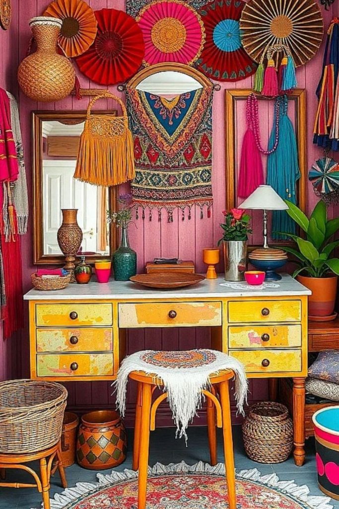 Colorful boho chic vanity decor