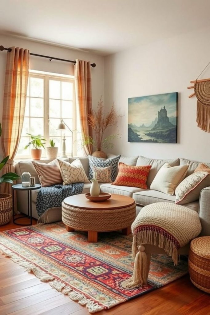 Patterned rugs and layered cushions everywhere