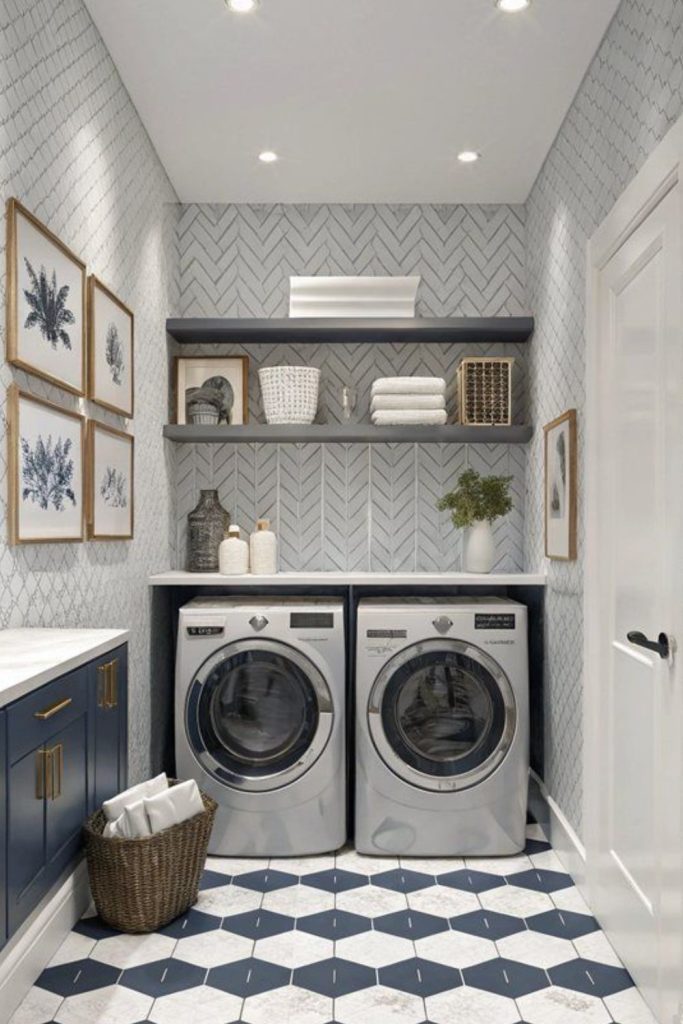 Bold geometric shelves fabrics black appliances