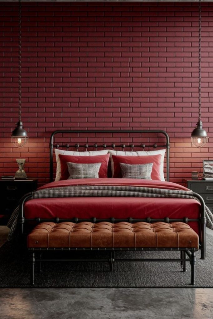 Industrial burgundy chic modern bedroom