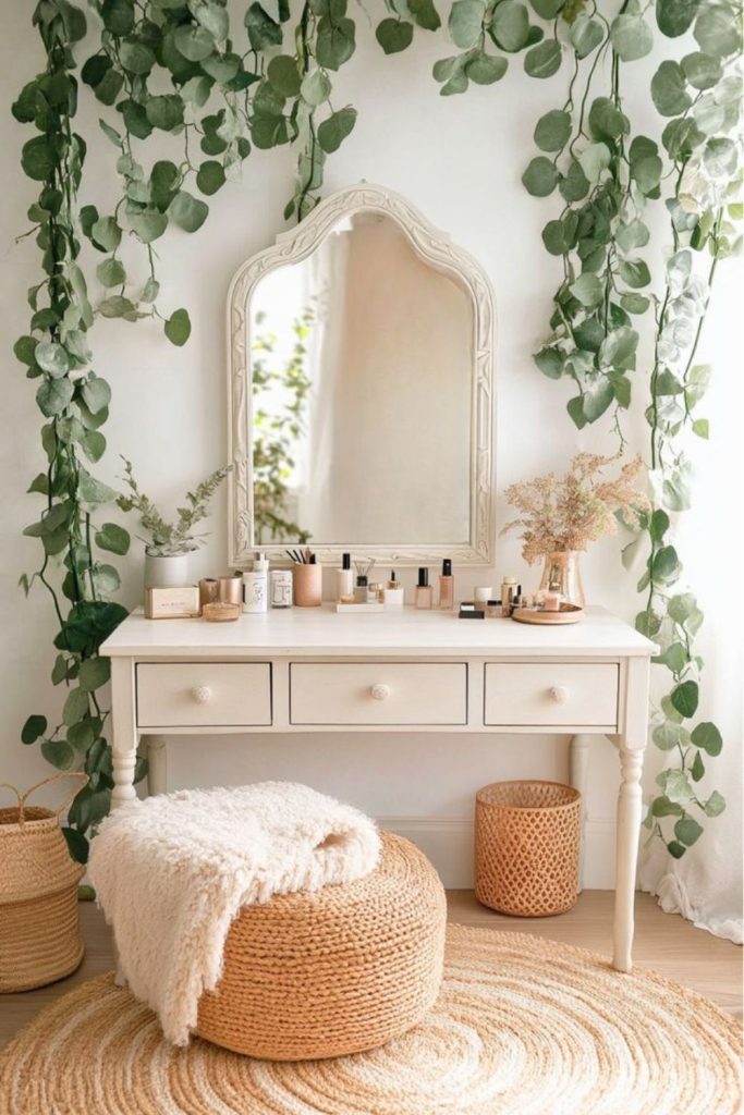 Greenery-filled vanity with potted plants