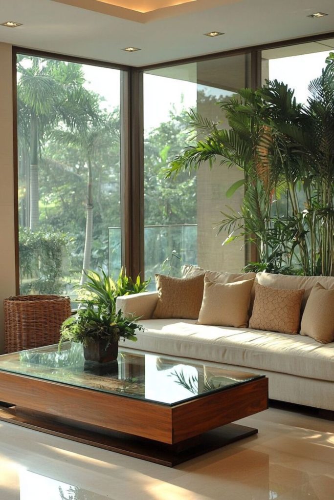 Indoor garden-inspired rectangular living room.