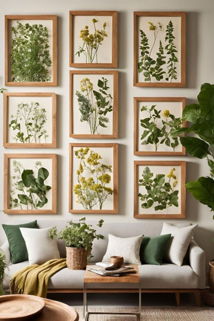 Framed plants mounted forming green patchwork indoors