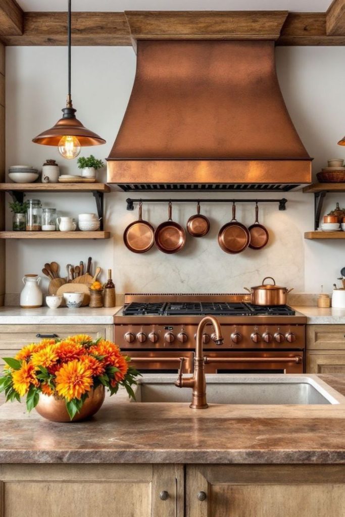 Copper pots and oak countertops