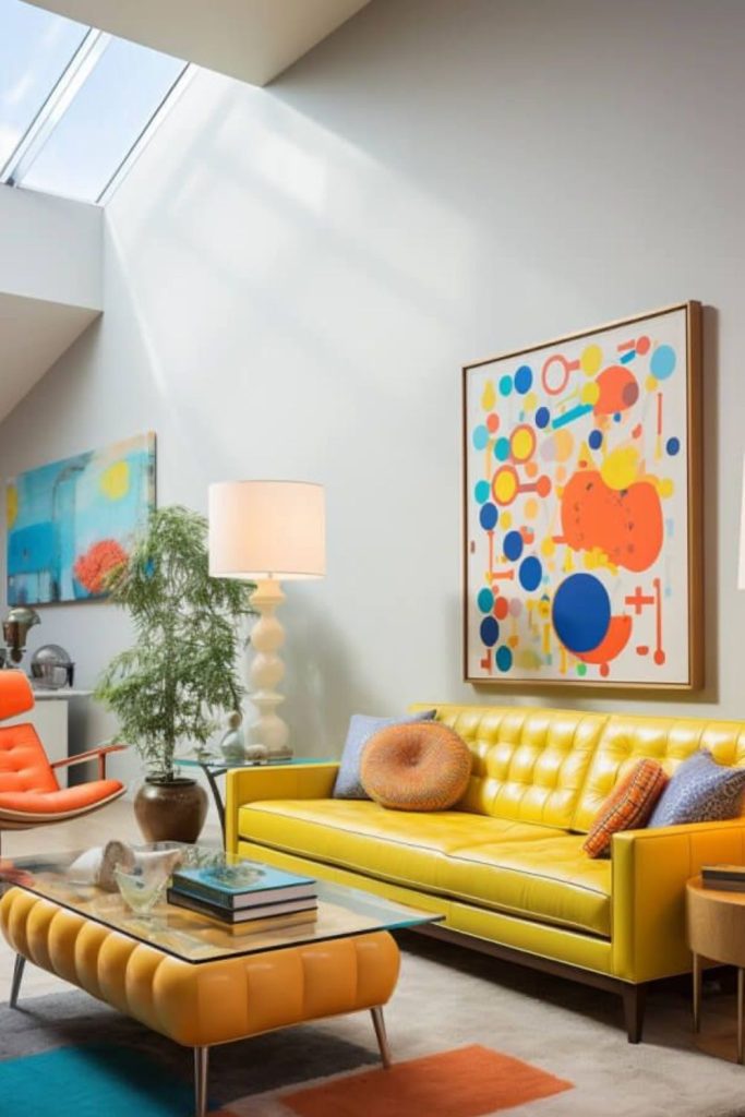 Playful brutalist midcentury living space