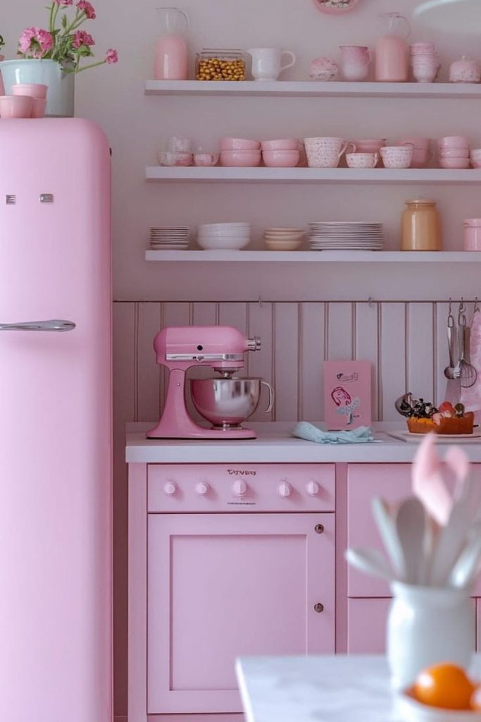 Playful bright pink loft kitchen