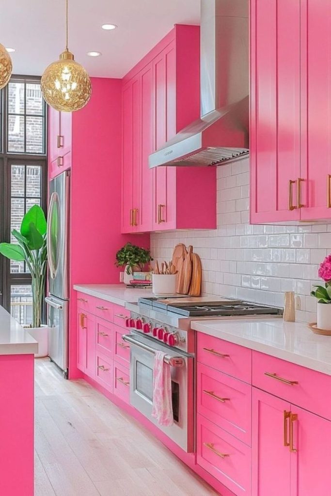Retro kitchen with bright pink surfaces
