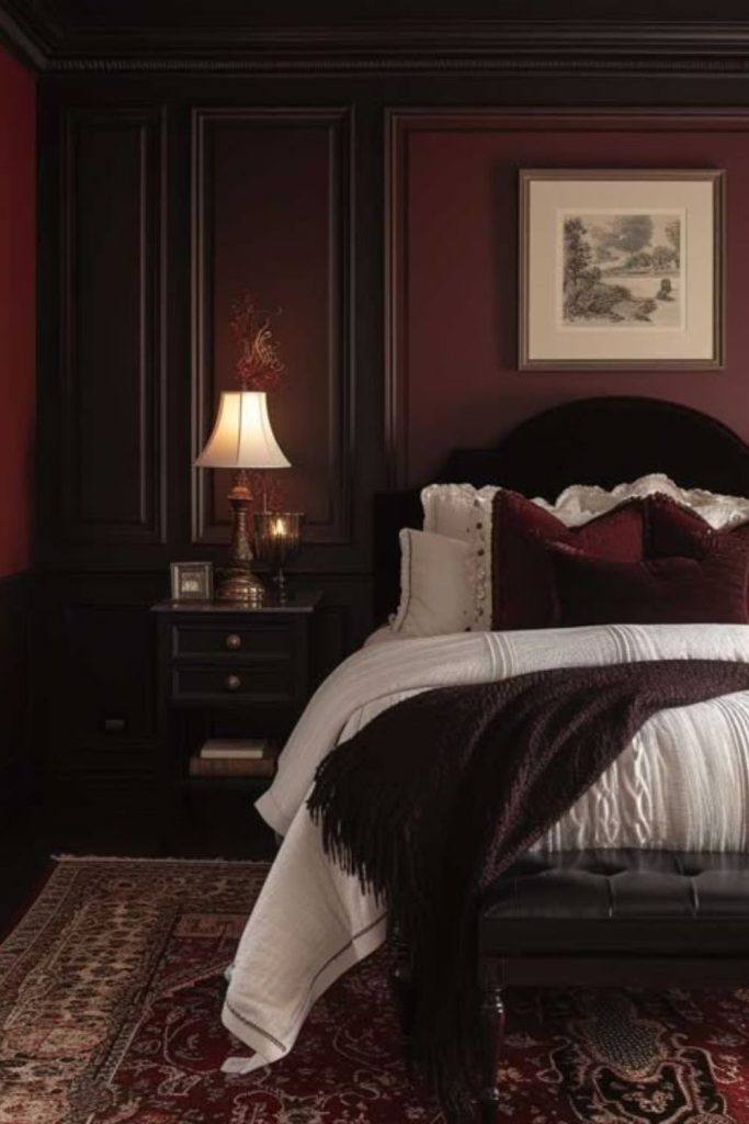 Rustic burgundy cabin room design.