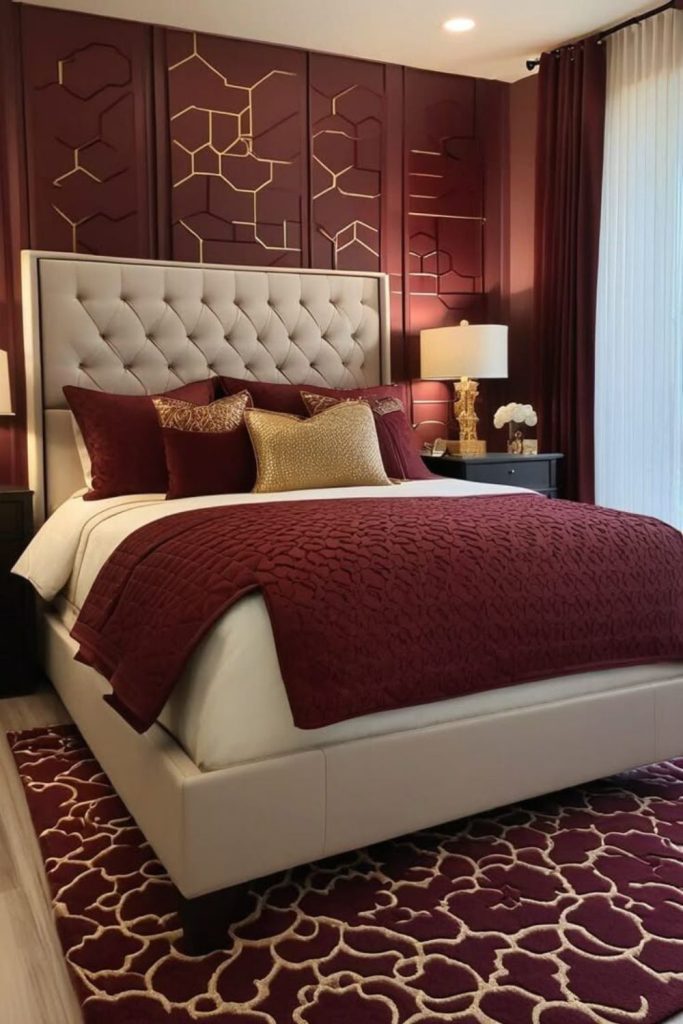 Regal burgundy chateau with classic furnishing.