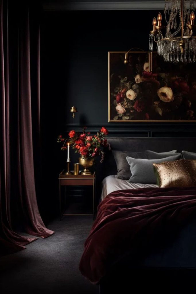 Burgundy gothic dramatic antique bedroom