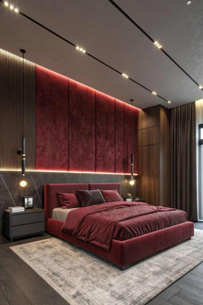 Burgundy industrial chic loft bedroom