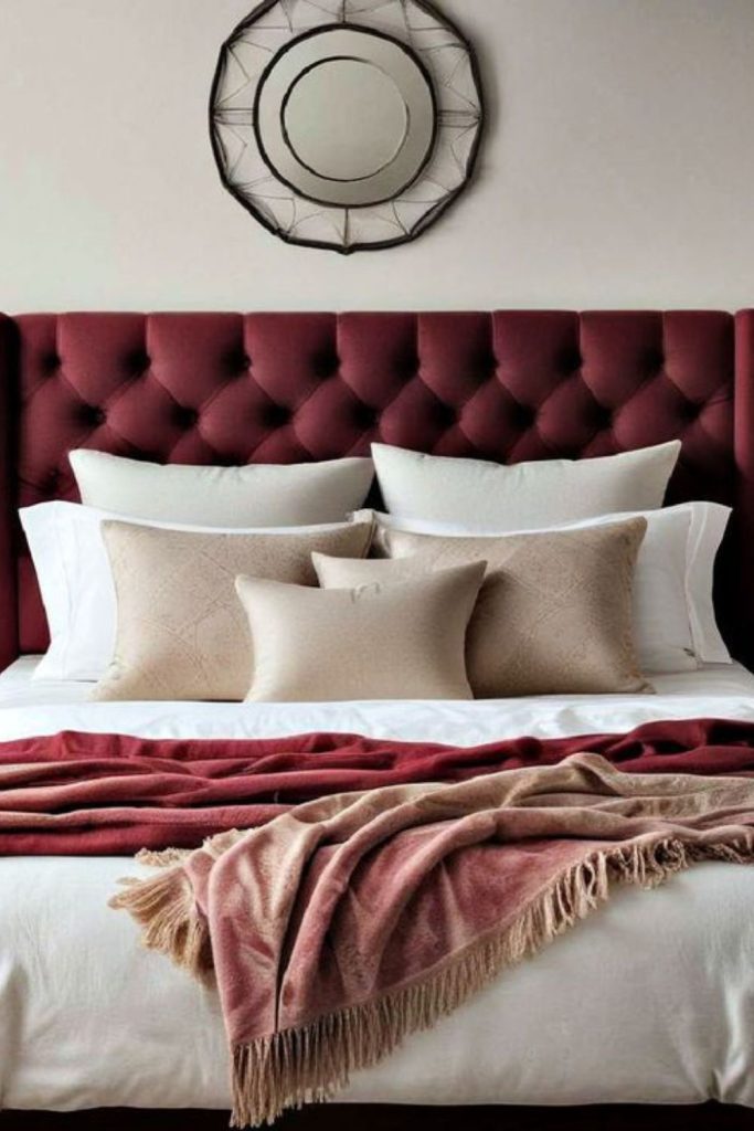 Burgundy lodge room with cozy textures.